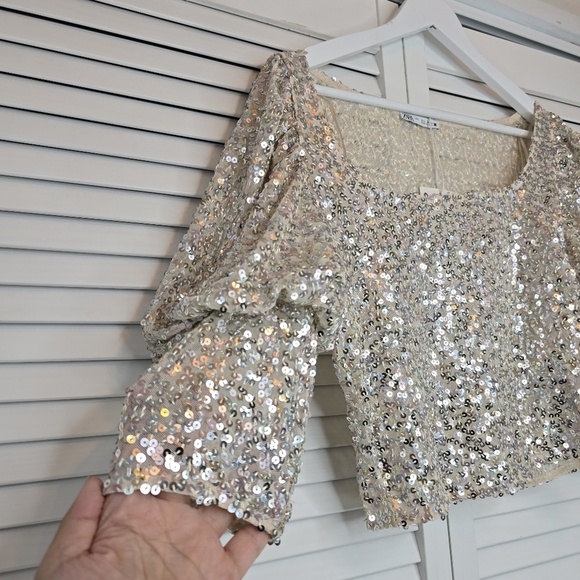 ZARA Puff Sleeve Tulle Sequin Crop Top Pearly Women's Sz Large Holiday Y2K Party - Picture 3 of 15